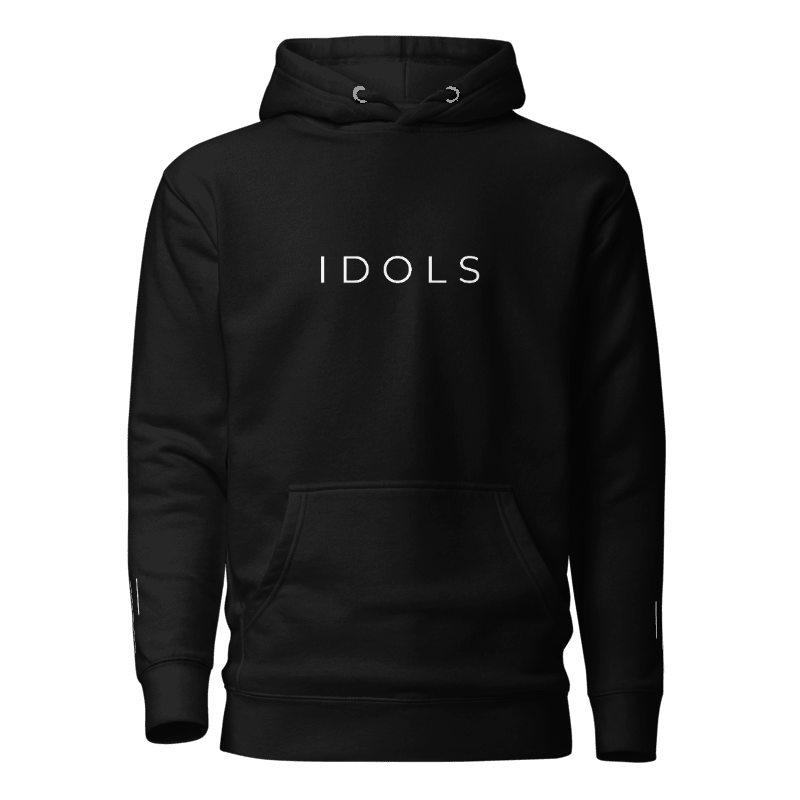 Black hoodie with 'IDOLS' text on a white background, Shopidols
