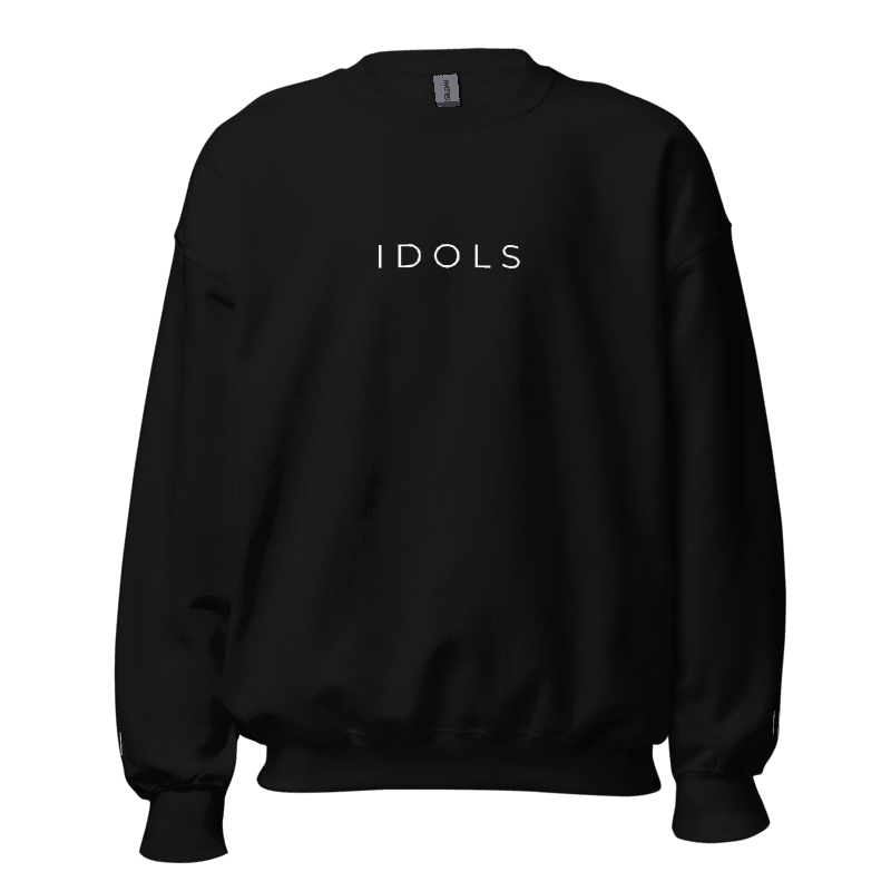Black sweatshirt with 'IDOLS' text on a white background, Shopidols