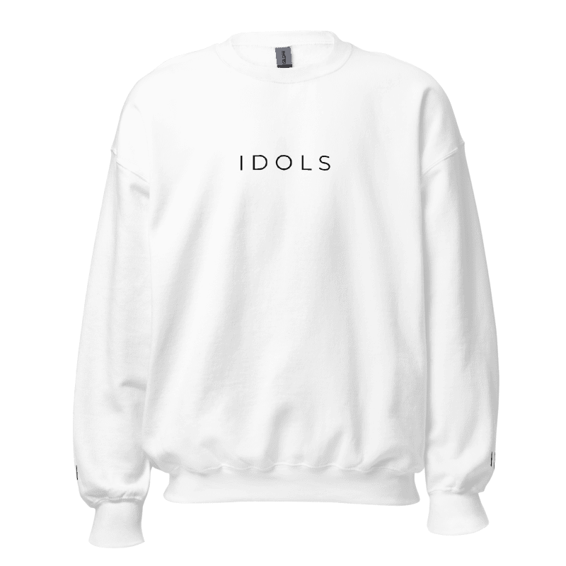 White sweatshirt with 'IDOLS' text on a white background, Shopidols