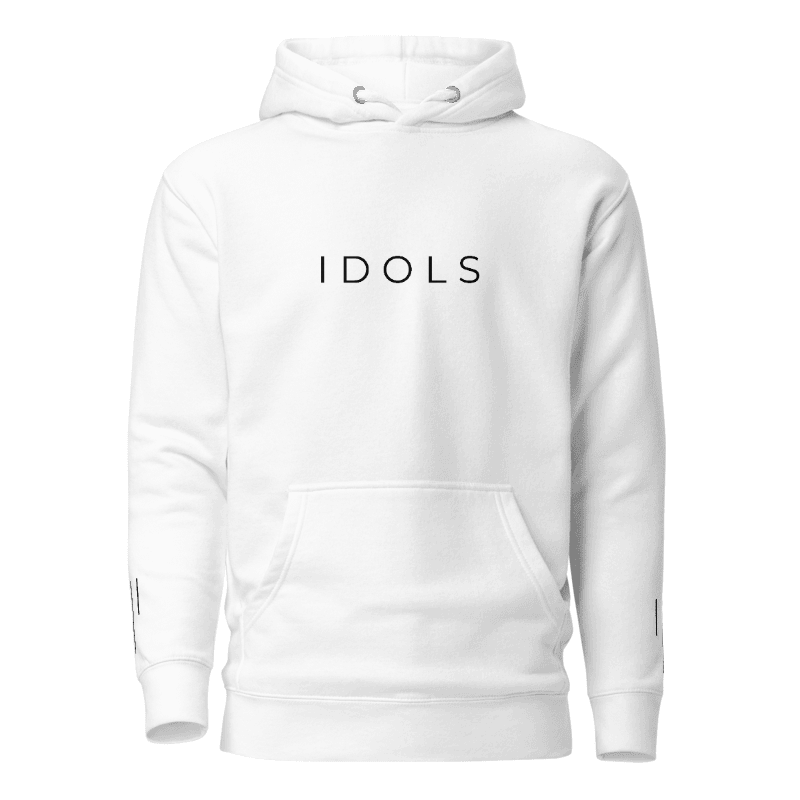 White hoodie with 'IDOLS' text on a white background, Shopidols