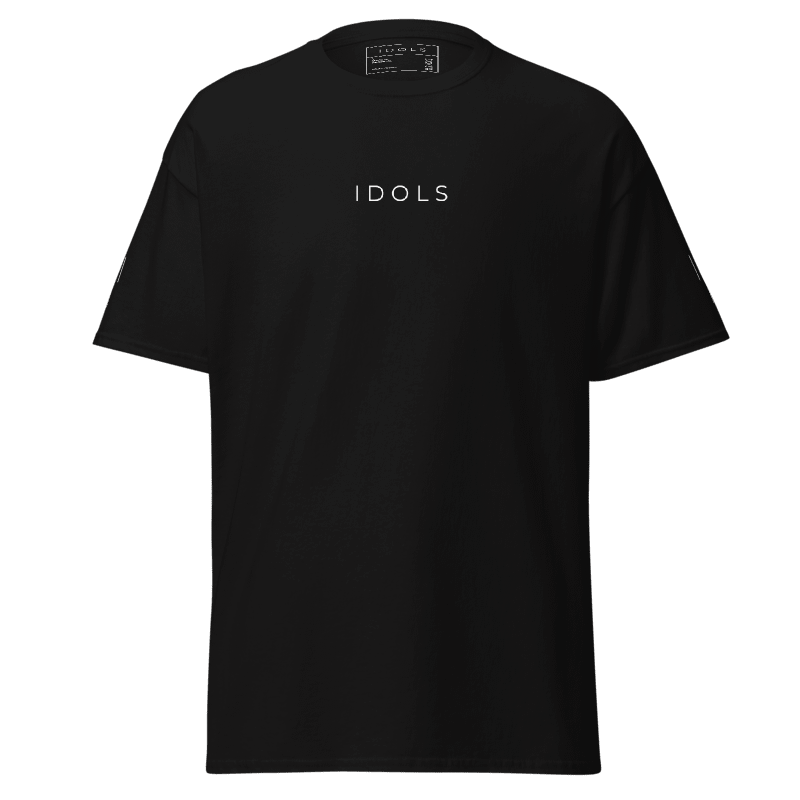 Black t-shirt with 'IDOLS' logo on a white background, Shopidols