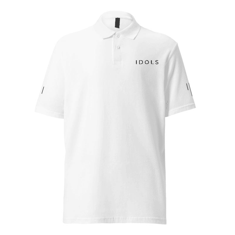 White polo shirt with 'IDOLS' branding on a white background,Shopidols