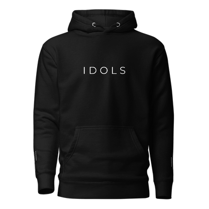 Black hoodie with 'IDOLS' text on a white background, Shopidols