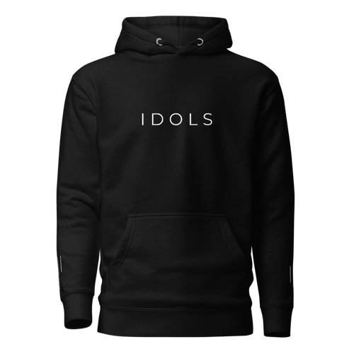 Black hoodie with 'IDOLS' text on a white background, Shopidols