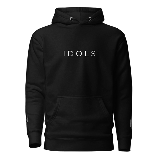 Black hoodie with 'IDOLS' text on a white background, Shopidols