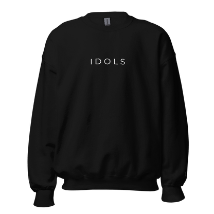 Black sweatshirt with 'IDOLS' text on a white background, Shopidols