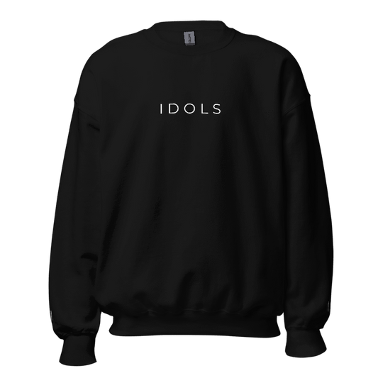 Black sweatshirt with 'IDOLS' text on a white background, Shopidols