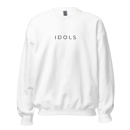 White sweatshirt with 'IDOLS' text on a white background, Shopidols