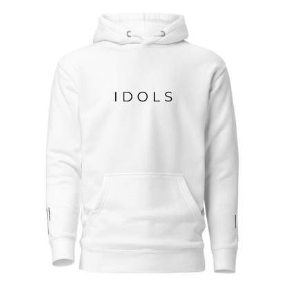 White hoodie with 'IDOLS' text on a white background, Shopidols