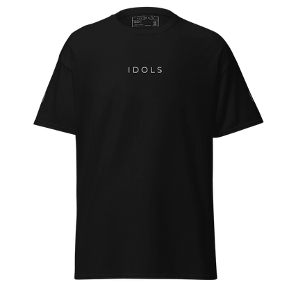 Black t-shirt with 'IDOLS' logo on a white background, Shopidols