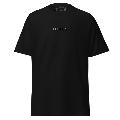 Black t-shirt with 'IDOLS' logo on a white background, Shopidols