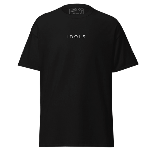 Black t-shirt with 'IDOLS' logo on a white background, Shopidols